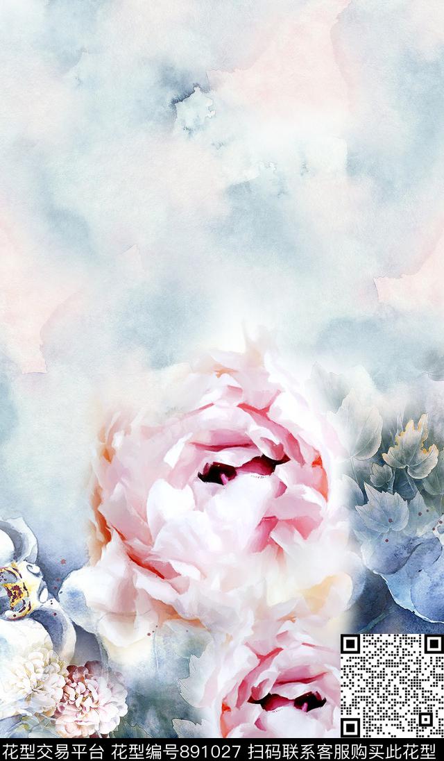 牡丹水彩花卉数码印花华亿平台下载（图片编号: 891027） - 瓦栏（Walan）
