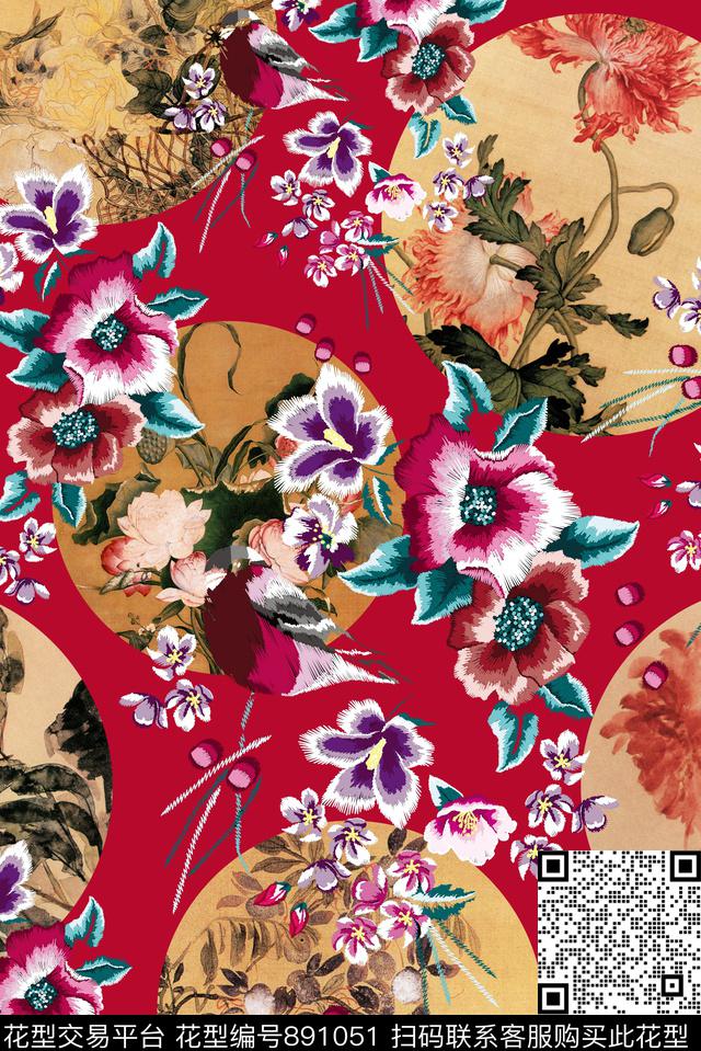 中国风绣花花鸟数码印花华亿平台下载（图片编号: 891051） - 瓦栏（Walan）