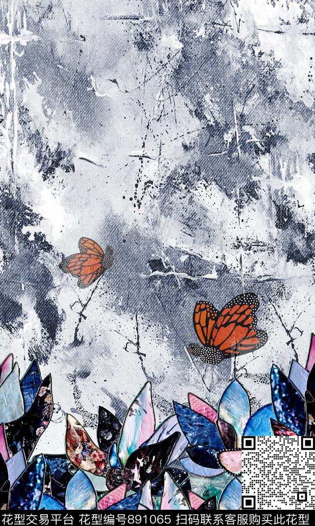 泼墨布纹水洗牛仔数码印花华亿平台下载（图片编号: 891065） - 瓦栏（Walan）