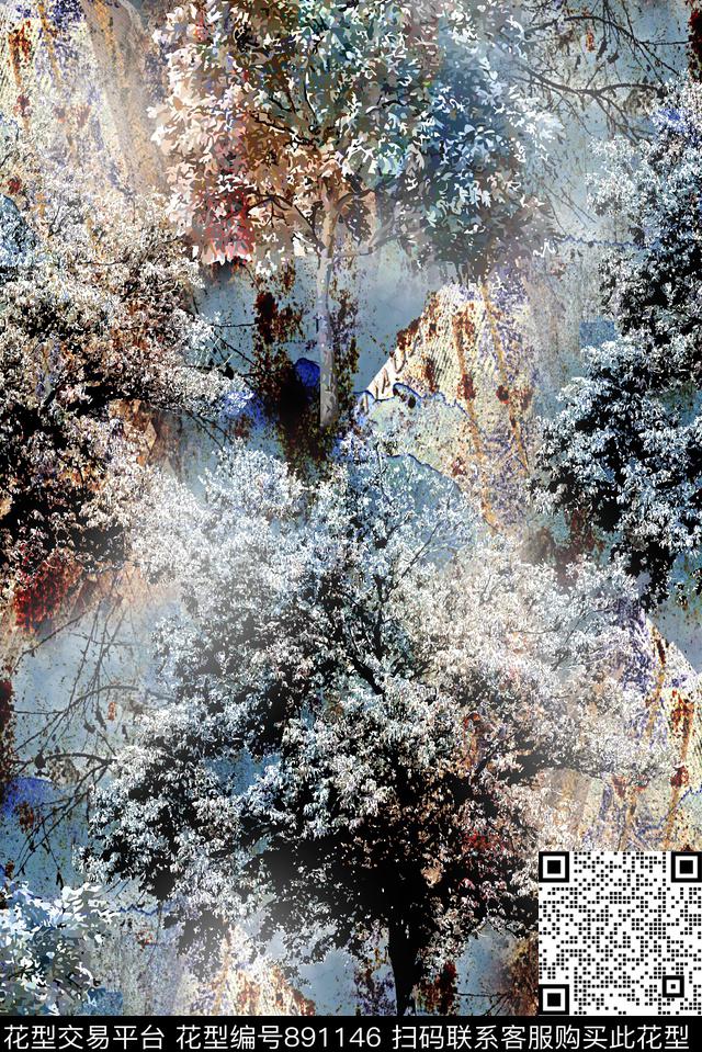 抽象纹理树复古数码印花华亿平台下载（图片编号: 891146） - 瓦栏（Walan）