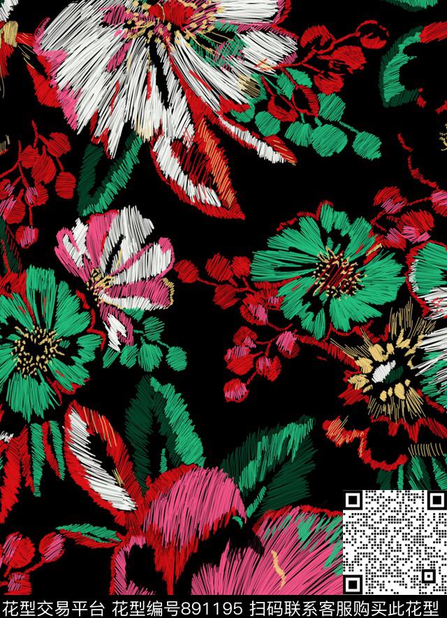 手绘现代花卉传统印花华亿平台下载（图片编号: 891195） - 瓦栏（Walan）