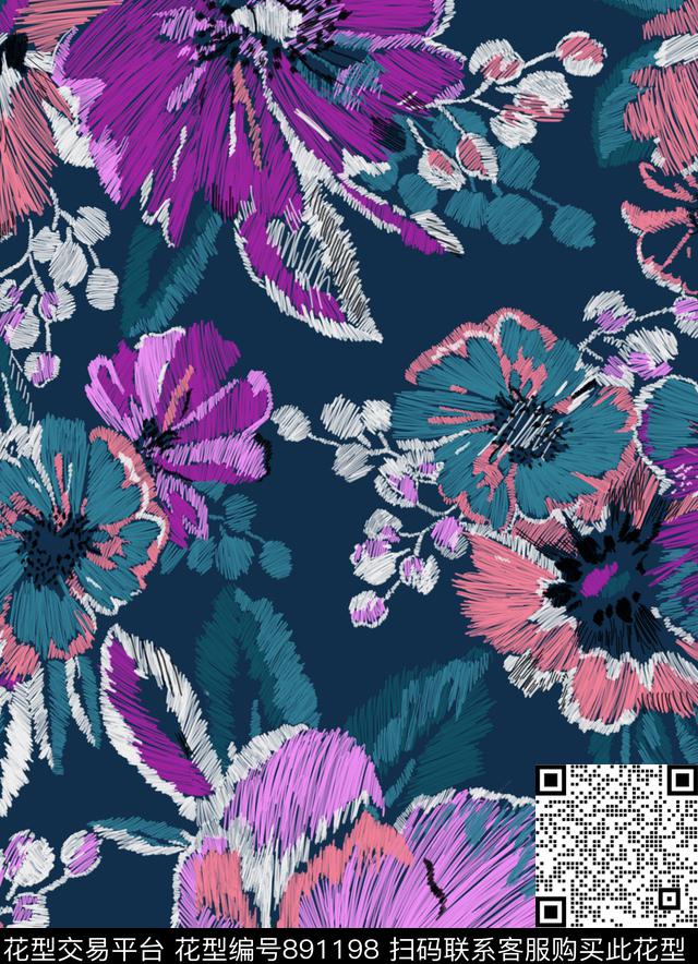 手绘现代花卉传统印花华亿平台下载（图片编号: 891198） - 瓦栏（Walan）