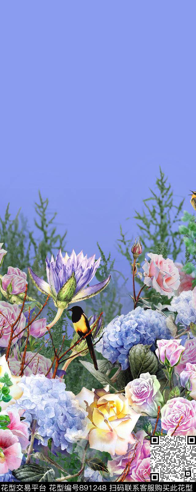 手绘花花卉定位花数码印花华亿平台下载（图片编号: 891248） - 瓦栏（Walan）
