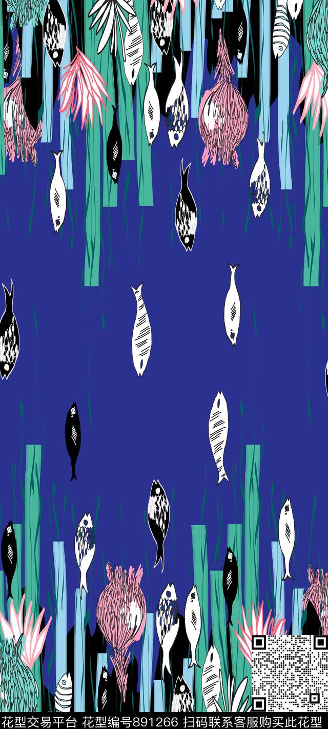 趣味鱼水草传统印花华亿平台下载（图片编号: 891266） - 瓦栏（Walan）