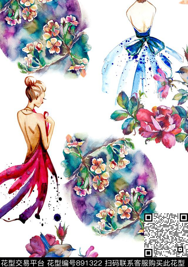 花卉鸟美女数码印花华亿平台下载（图片编号: 891322） - 瓦栏（Walan）