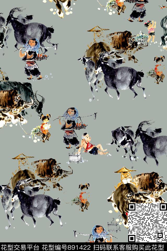中国风手绘水墨数码印花华亿平台下载（图片编号: 891422） - 瓦栏（Walan）