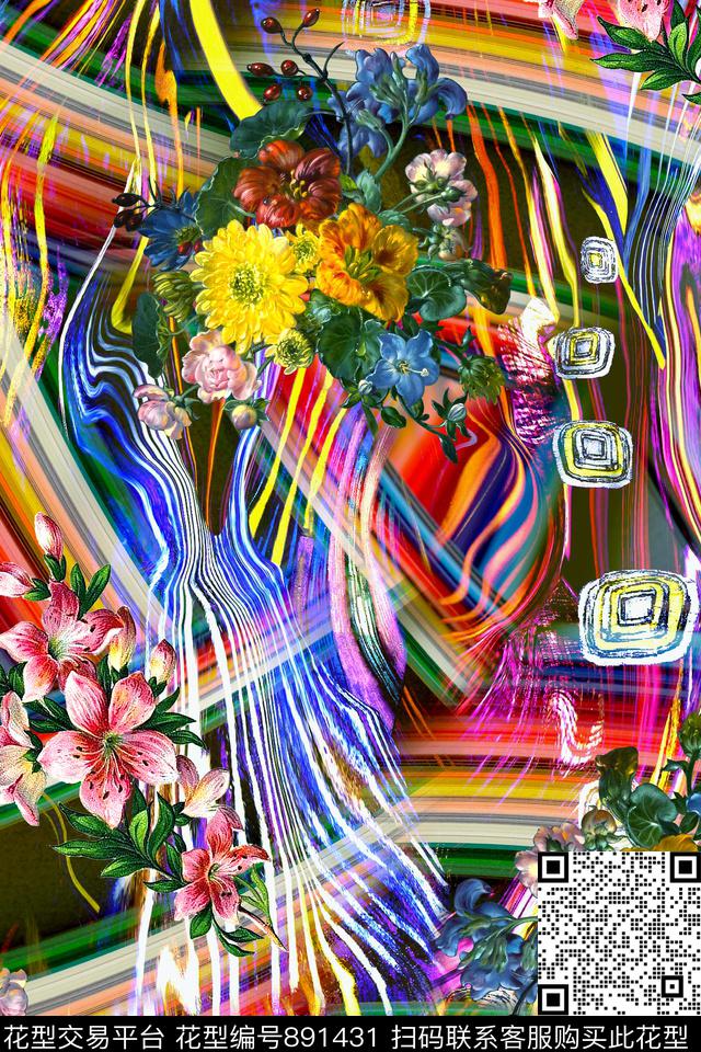 时尚手绘几何数码印花华亿平台下载（图片编号: 891431） - 瓦栏（Walan）