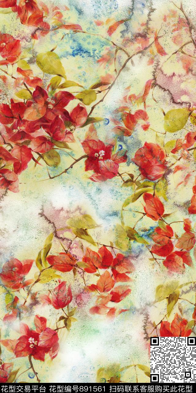 花卉晕染水彩数码印花华亿平台下载（图片编号: 891561） - 瓦栏（Walan）