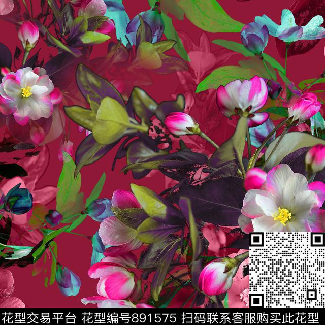手绘花卉组合花卉艺术彩色数码印花华亿平台下载（图片编号: 891575） - 瓦栏（Walan）