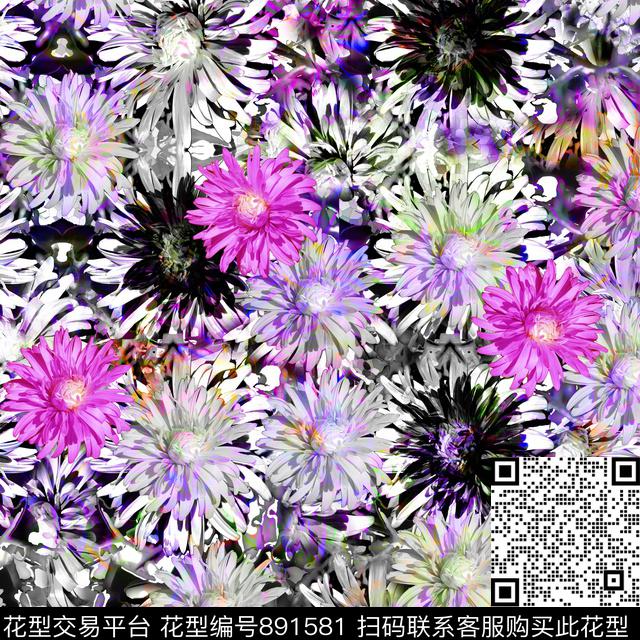 手绘花卉组合花卉艺术彩色数码印花华亿平台下载（图片编号: 891581） - 瓦栏（Walan）