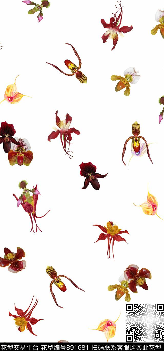 兰花花朵水彩数码印花华亿平台下载（图片编号: 891681） - 瓦栏（Walan）
