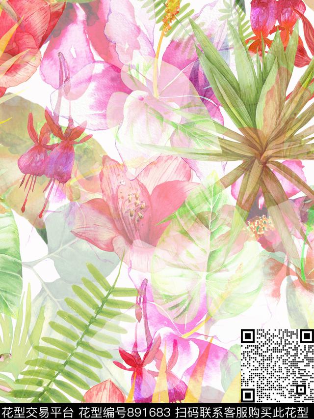 花朵水彩乱花数码印花华亿平台下载（图片编号: 891683） - 瓦栏（Walan）