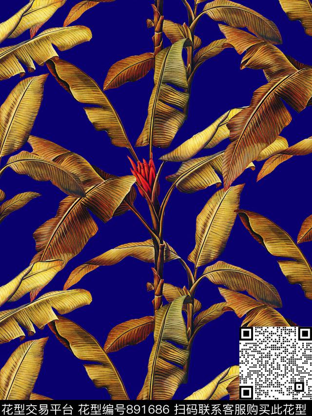 叶子芭蕉叶热带植物数码印花华亿平台下载（图片编号: 891686） - 瓦栏（Walan）
