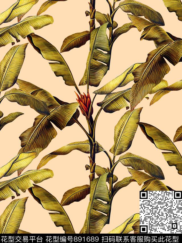 叶子芭蕉叶热带植物数码印花华亿平台下载（图片编号: 891689） - 瓦栏（Walan）
