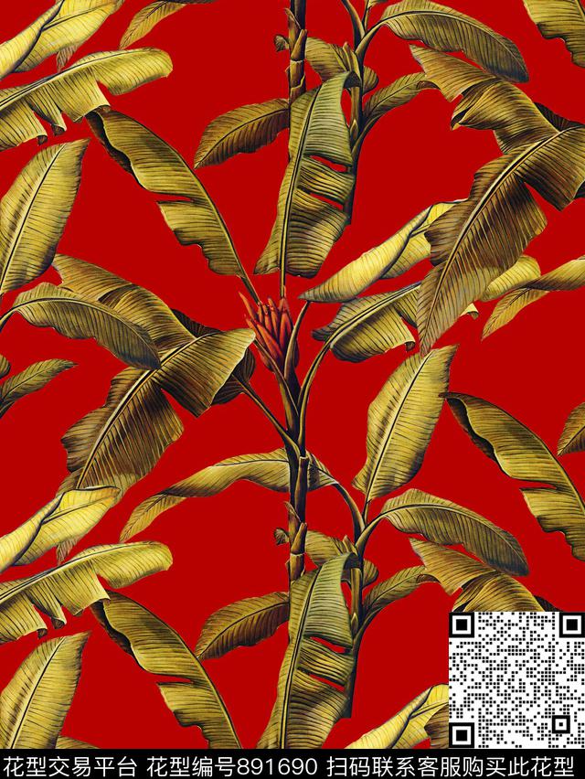 叶子芭蕉叶热带植物数码印花华亿平台下载（图片编号: 891690） - 瓦栏（Walan）
