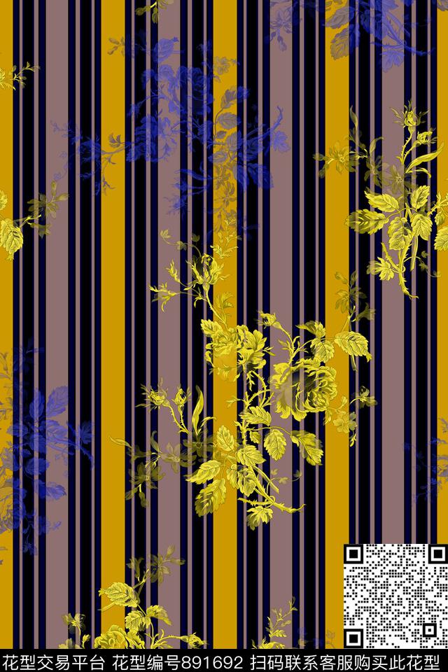 玫瑰花朵竖条数码印花华亿平台下载（图片编号: 891692） - 瓦栏（Walan）