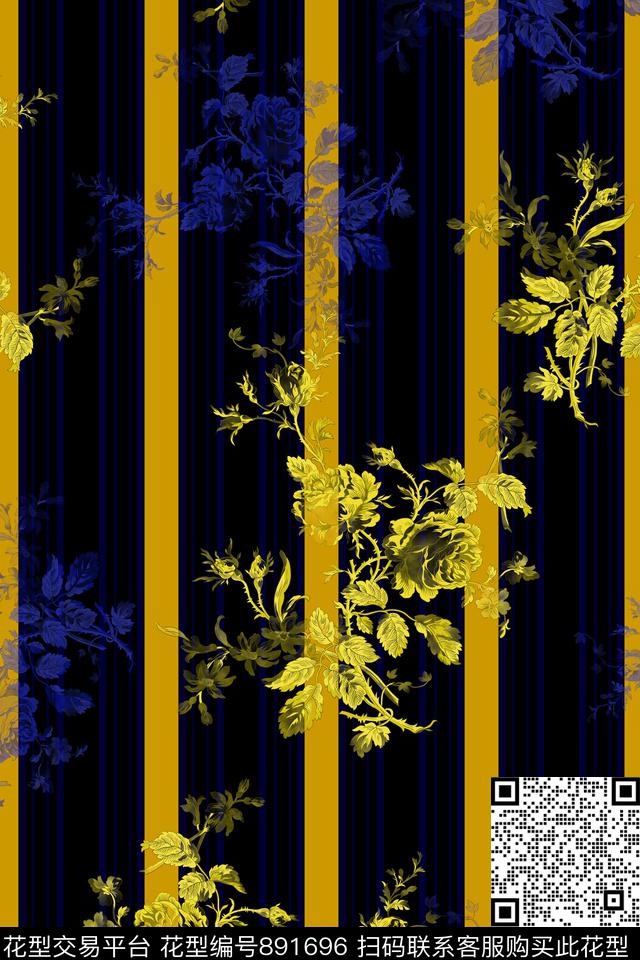 玫瑰花朵竖条数码印花华亿平台下载（图片编号: 891696） - 瓦栏（Walan）