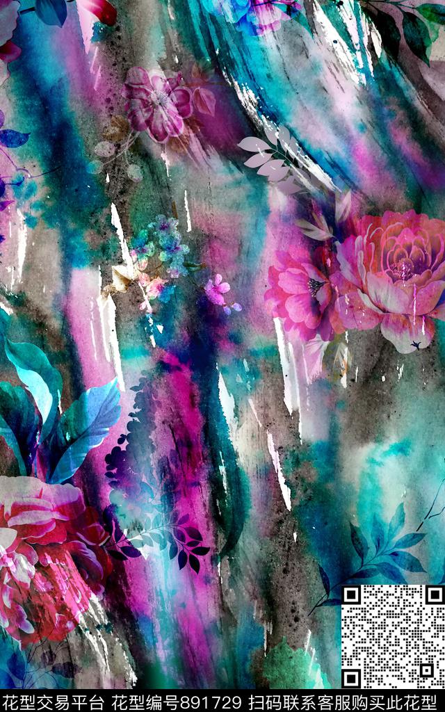 抽象肌理花卉数码印花华亿平台下载（图片编号: 891729） - 瓦栏（Walan）