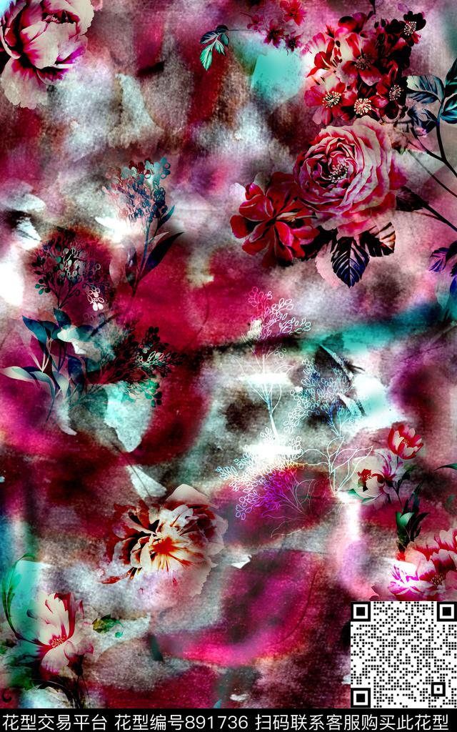 抽象肌理花卉数码印花华亿平台下载（图片编号: 891736） - 瓦栏（Walan）