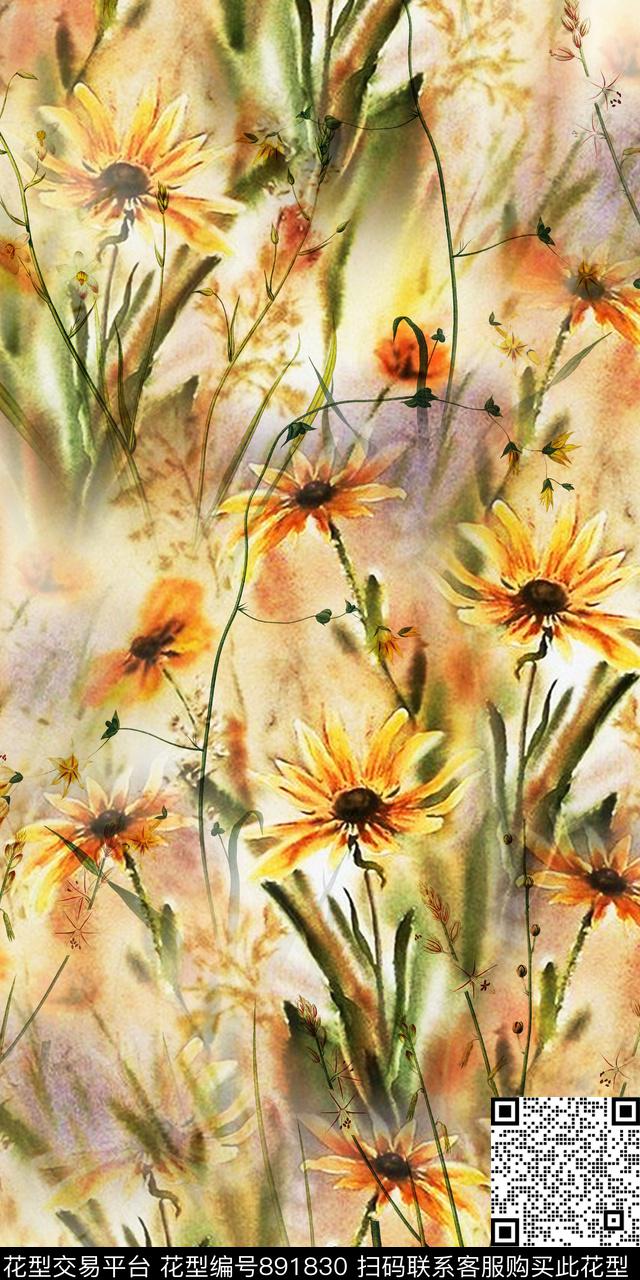 花朵花卉绿叶数码印花华亿平台下载（图片编号: 891830） - 瓦栏（Walan）