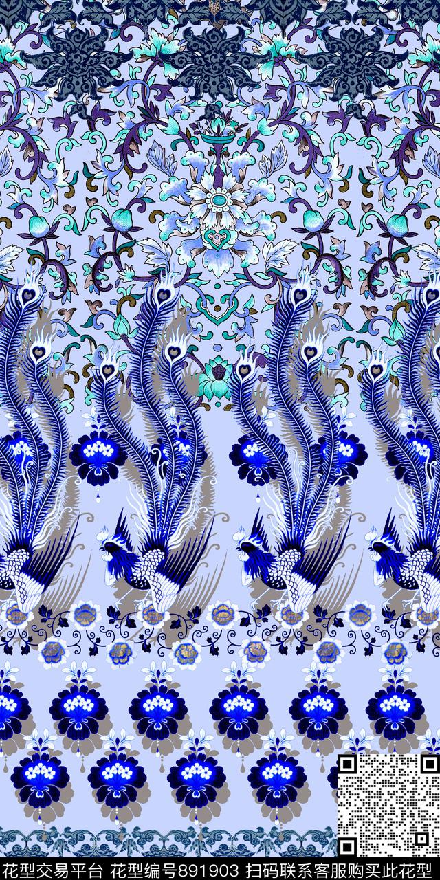 中国风手绘青花瓷数码印花华亿平台下载（图片编号: 891903） - 瓦栏（Walan）