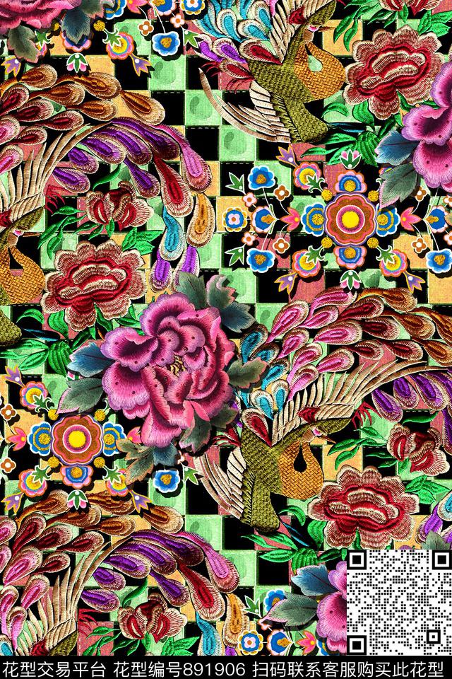 中国风几何花卉数码印花华亿平台下载（图片编号: 891906） - 瓦栏（Walan）