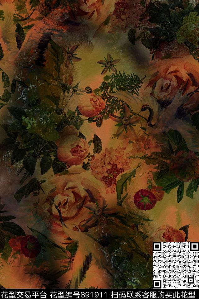 香云纱仙鹤花卉数码印花华亿平台下载（图片编号: 891911） - 瓦栏（Walan）