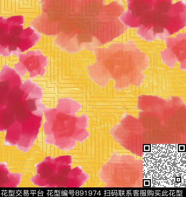 抽象花朵色块传统印花华亿平台下载（图片编号: 891974） - 瓦栏（Walan）