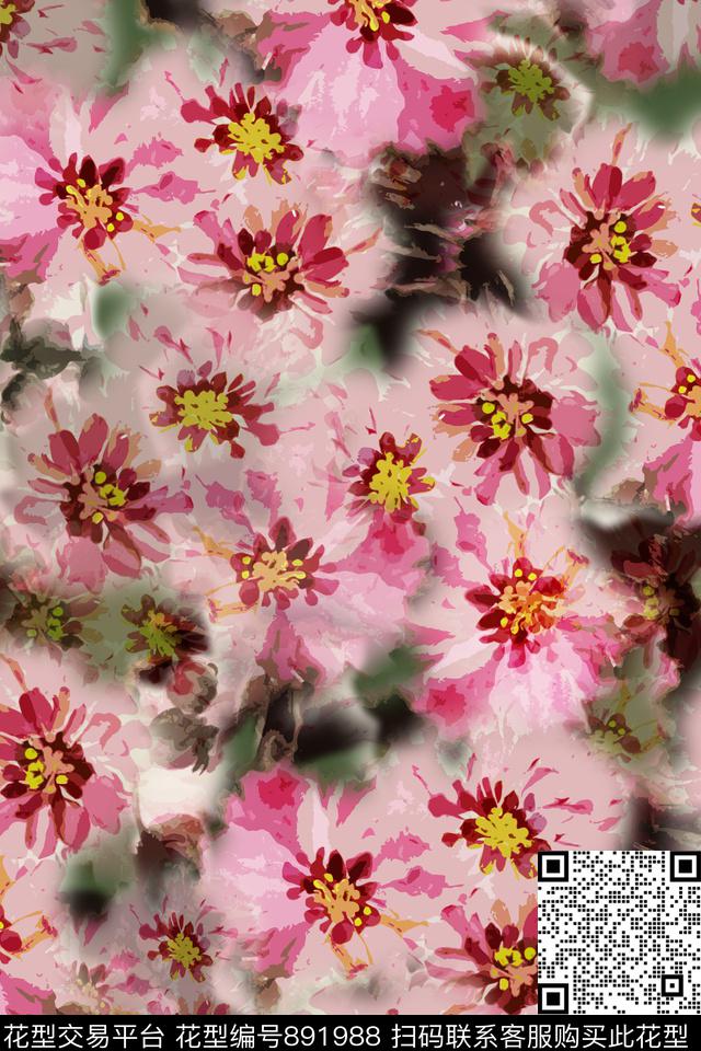 手绘花卉意向迷彩花卉迷彩图案数码印花华亿平台下载（图片编号: 891988） - 瓦栏（Walan）