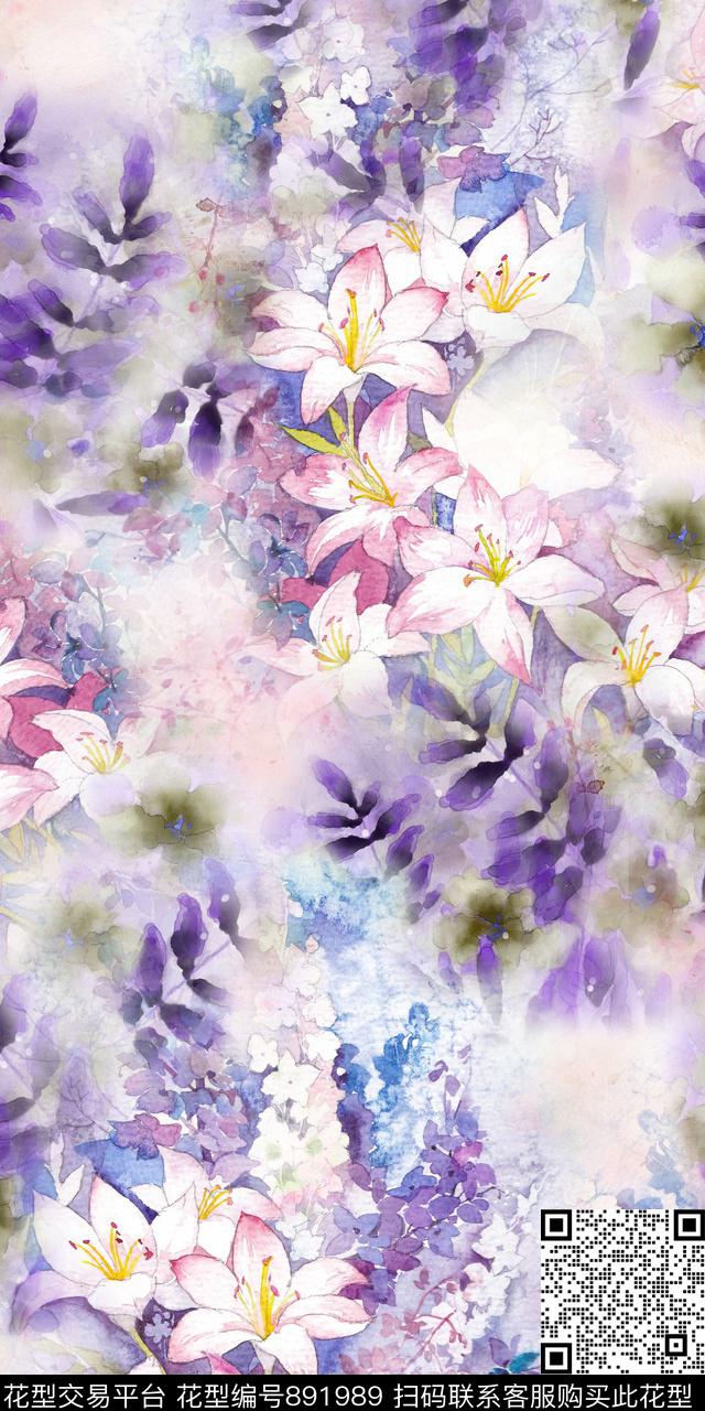 花卉晕染水彩数码印花华亿平台下载（图片编号: 891989） - 瓦栏（Walan）