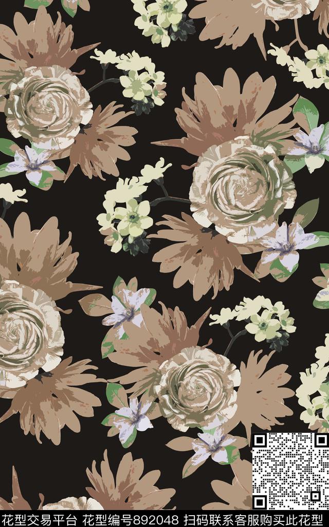 大花水彩连衣裙数码印花华亿平台下载（图片编号: 892048） - 瓦栏（Walan）