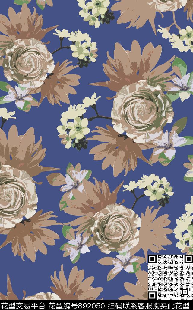 大花水彩连衣裙数码印花华亿平台下载（图片编号: 892050） - 瓦栏（Walan）