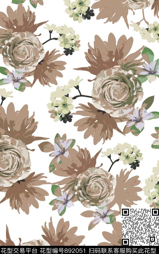 大花水彩连衣裙数码印花华亿平台下载（图片编号: 892051） - 瓦栏（Walan）