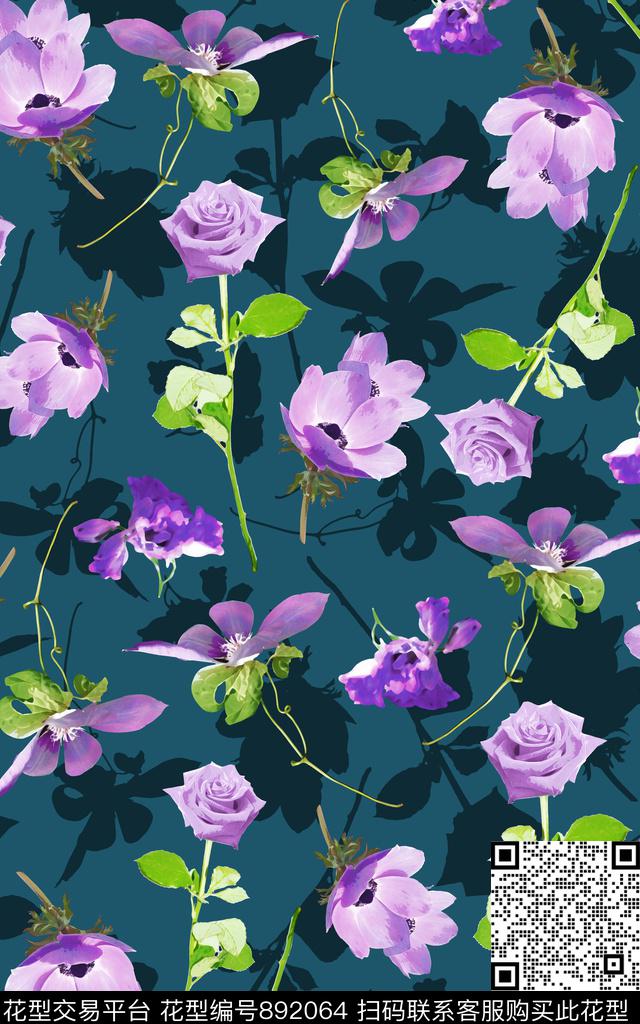 连衣裙水彩花朵数码印花华亿平台下载（图片编号: 892064） - 瓦栏（Walan）