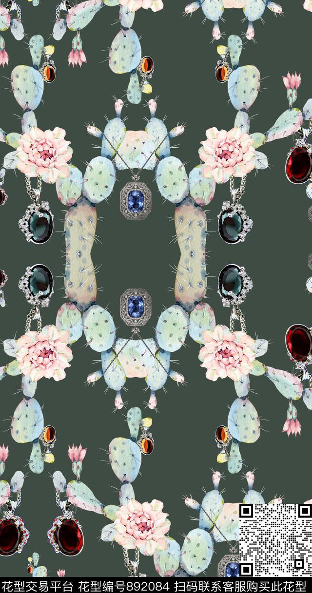 手绘宝石仙人掌数码印花华亿平台下载（图片编号: 892084） - 瓦栏（Walan）