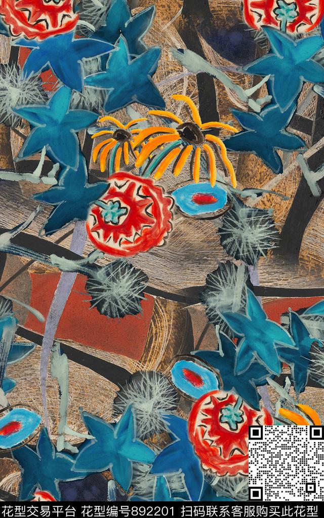 民族风花卉水彩数码印花华亿平台下载（图片编号: 892201） - 瓦栏（Walan）