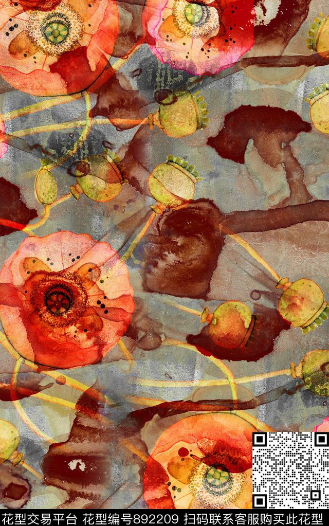 花卉水彩肌理数码印花华亿平台下载（图片编号: 892209） - 瓦栏（Walan）