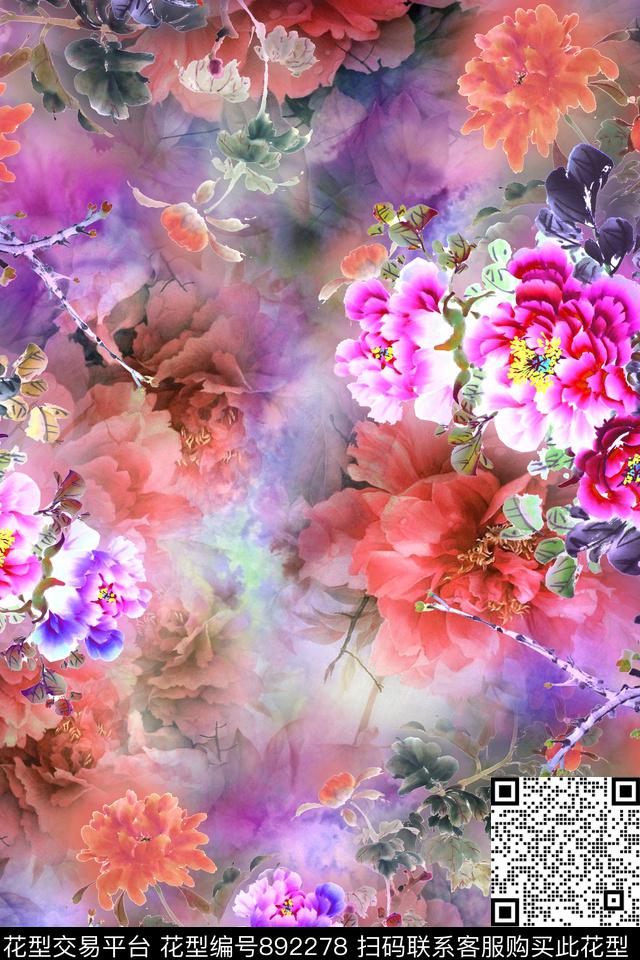 大花牡丹花卉数码印花华亿平台下载（图片编号: 892278） - 瓦栏（Walan）
