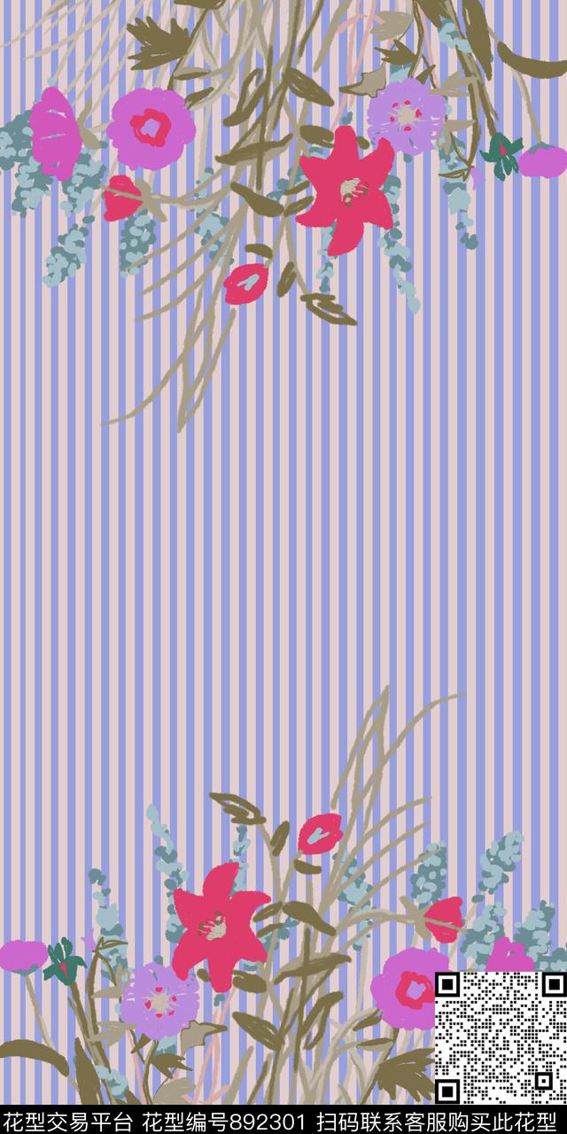 花卉格子长巾传统印花华亿平台下载（图片编号: 892301） - 瓦栏（Walan）