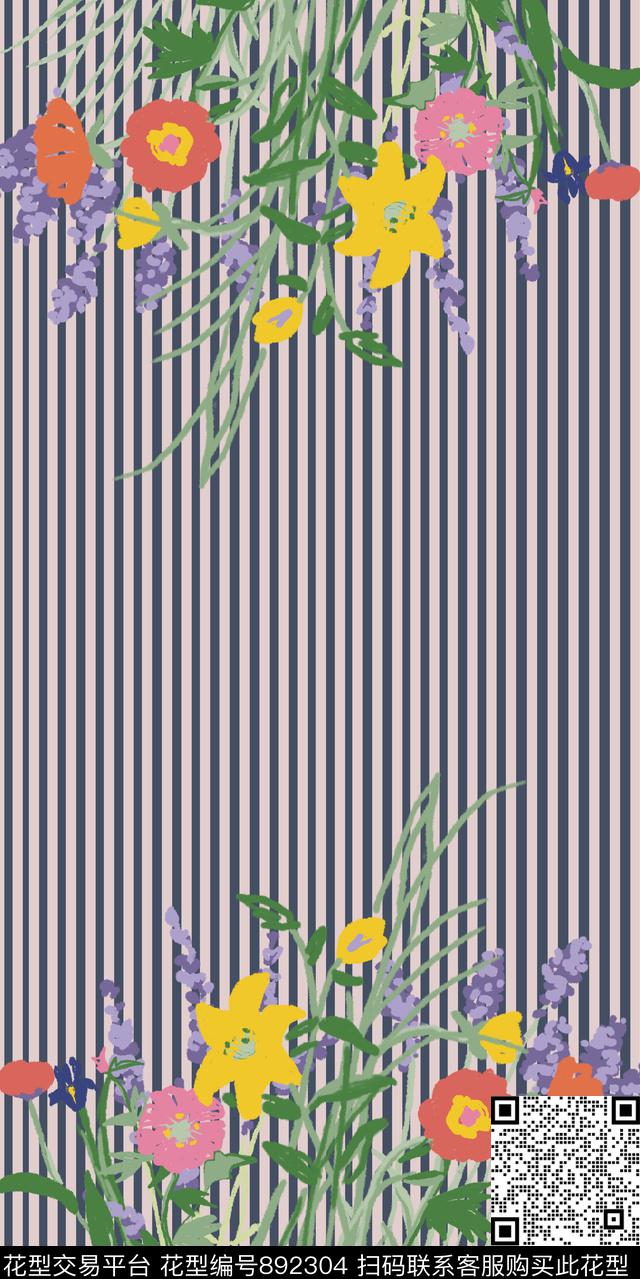 花卉格子长巾传统印花华亿平台下载（图片编号: 892304） - 瓦栏（Walan）