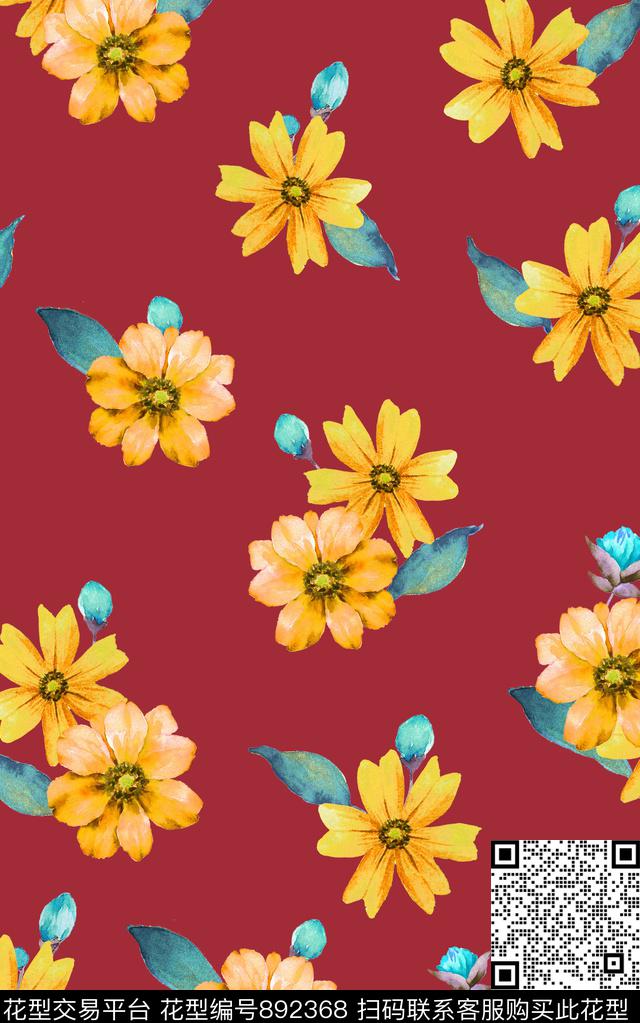 雏菊花朵水彩数码印花华亿平台下载（图片编号: 892368） - 瓦栏（Walan）