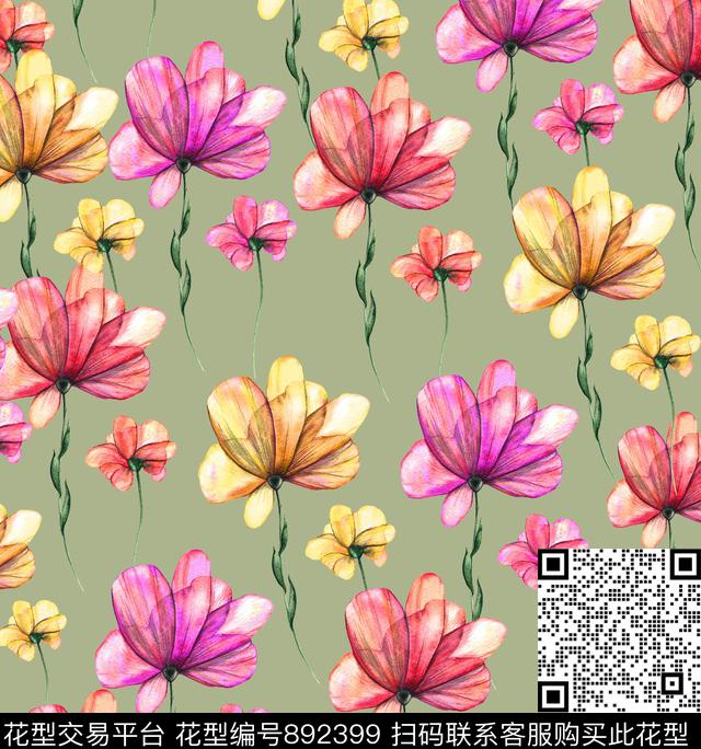 手绘花卉植物数码印花华亿平台下载（图片编号: 892399） - 瓦栏（Walan）