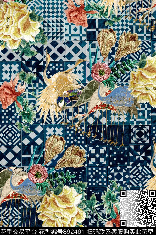 民族风格子绣花数码印花华亿平台下载（图片编号: 892461） - 瓦栏（Walan）