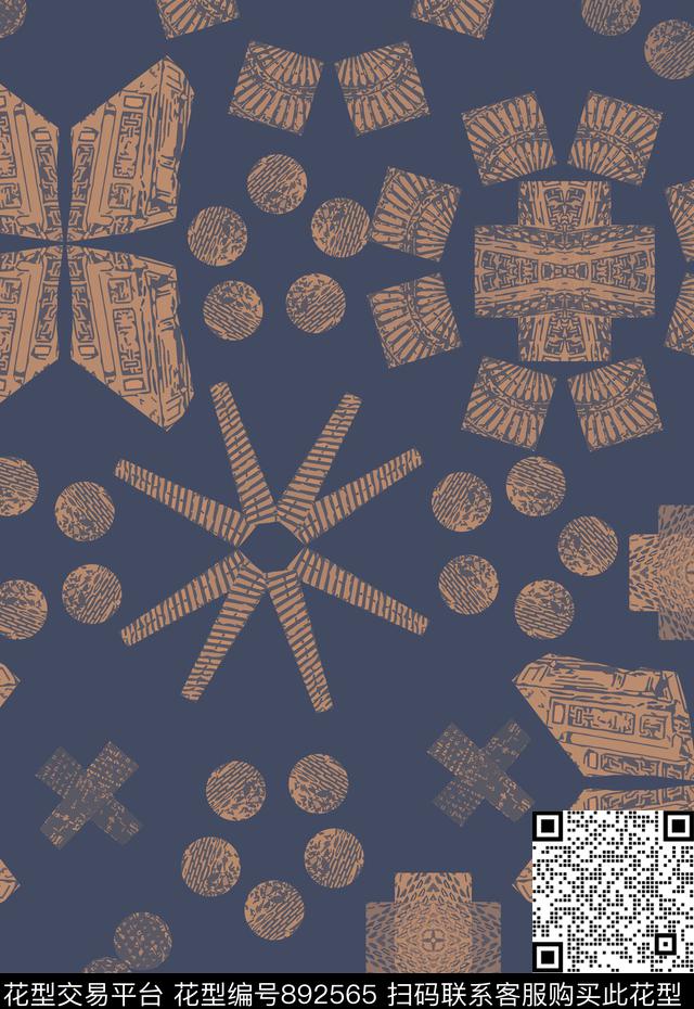 抽象笔触男装休闲花卉几何图案传统印花华亿平台下载（图片编号: 892565） - 瓦栏（Walan）