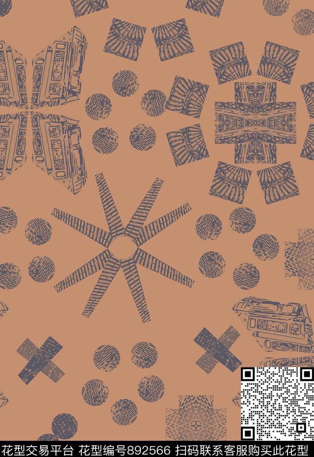抽象笔触男装休闲花卉几何图案传统印花华亿平台下载（图片编号: 892566） - 瓦栏（Walan）