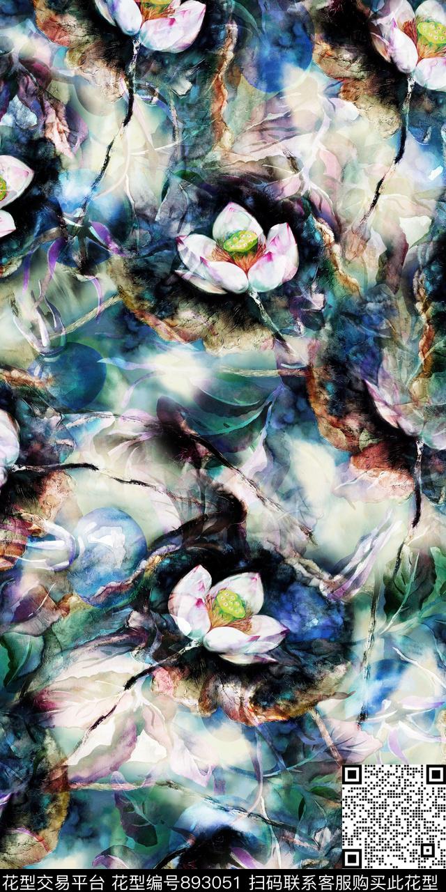水墨荷花数码数码印花华亿平台下载（图片编号: 893051） - 瓦栏（Walan）
