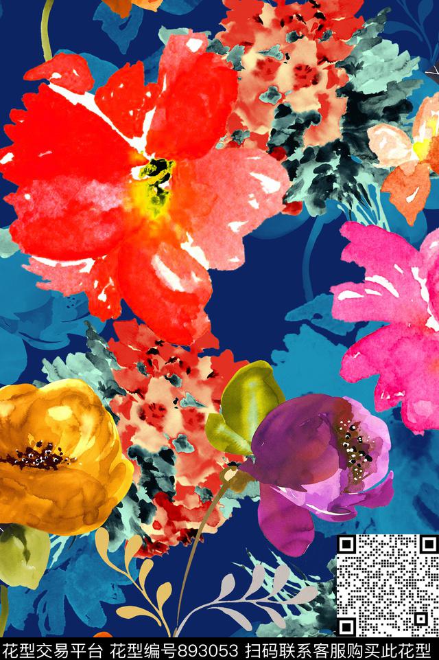 手绘水彩花卉数码印花华亿平台下载（图片编号: 893053） - 瓦栏（Walan）