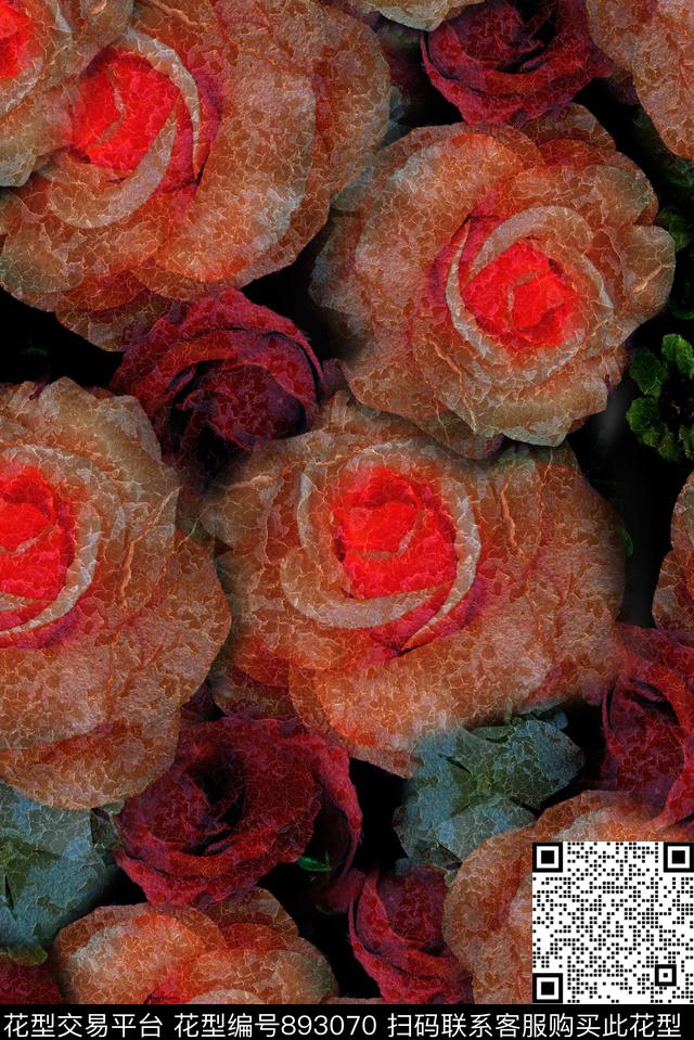 斑驳玫瑰花卉数码印花华亿平台下载（图片编号: 893070） - 瓦栏（Walan）