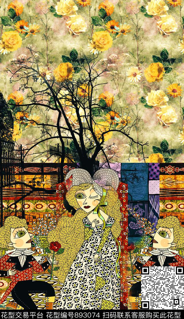 手绘花草卡通数码印花华亿平台下载（图片编号: 893074） - 瓦栏（Walan）