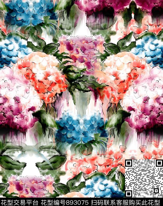 手绘花卉泼墨数码印花华亿平台下载（图片编号: 893075） - 瓦栏（Walan）